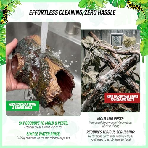 Crested Gecko Tank Accessories Kit，Tree Trunk Hideout, Artificial Plants | Feeding Bowl, Jungle Vines , Resting Leaves Platform , hygrometer thermometer , for Leopard Gecko, Frogs, Hermit Crabs