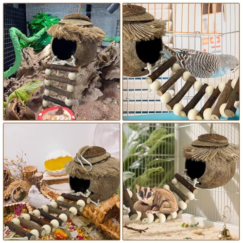 PINVNBY Hanging Coconut Bird Nest Hut with Ladder, Natural Coconut Hide Lovebird House Fruit Wood Bird Swing for Parakeet Cockatiel Budgie Conure Canary Finch Budgies