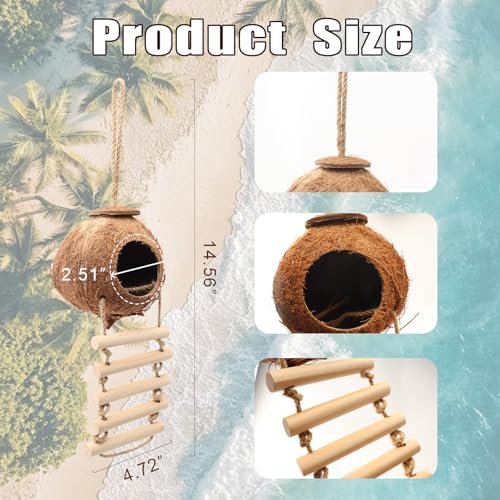 Gecko Tank Accessories Natural Coconut Shell Hut with Climbing Ladder & Suction Cup Hermit Crab Toys Reptile Hideout for Leopard Gecko Snake Lizard and Small Pets Habitat Decor