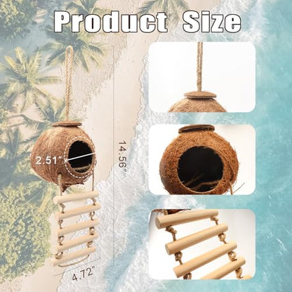 Gecko Tank Accessories Natural Coconut Shell Hut with Climbing Ladder & Suction Cup Hermit Crab Toys Reptile Hideout for Leopard Gecko Snake Lizard and Small Pets Habitat Decor