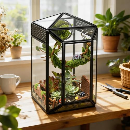 Glass Jumping Spider Enclosure Kit,Escape Proof Gothic Spider Tank | Fence Kits Terrarium Desktop Display Habitat for Jumping Spiders,Arboreal Tarantulas,Critter Keeper(No Plants)