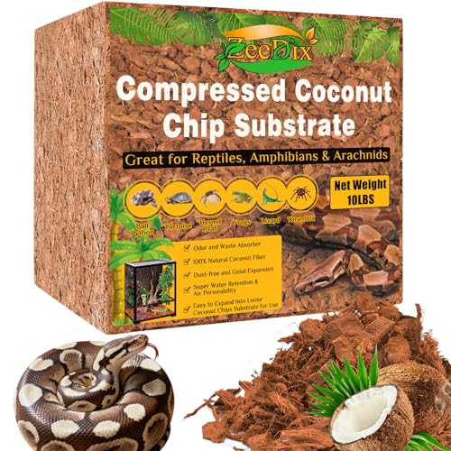 ZeeDix 10LBS Coconut Husk Chip Substrate for Reptiles, 72QT Compressed Organic Coco Coir Chips for Snake Habitat, Reptile Bedding for Ball Python, Tortoises, Geckos, Lizards Terrarium Tanks - color: 1 Pack-10 LBS