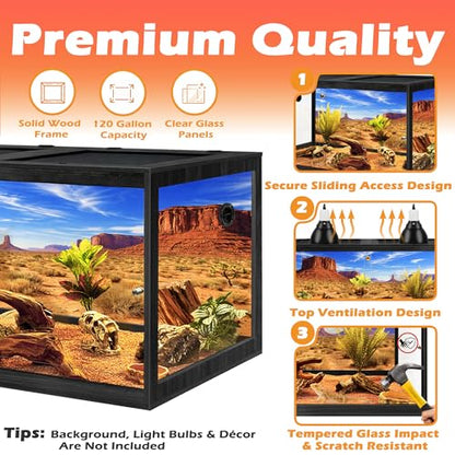 PROLEE 120 Gallon Bearded Dragon Tank, 4x2x2 Reptile Enclosure with Tempered Glass Sliding Doors, Lockable Front Opening and Metal Mesh Top, Large Terrarium for Lizards and Snakes, Black - color: Black
