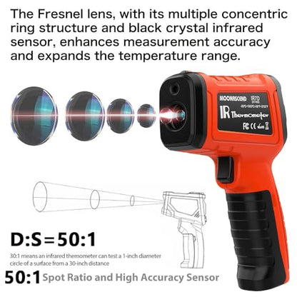 -58°F to 2732°F Infrared Thermometer Gun, Industrial 50:1 Ratio | Built for Kilns, Furnaces & Metal Processing • 13-Point Laser Guidance • MIN/MAX/AVG/DIF Analysis - color: Orange/-58°F to 2732°F-Carrying Case