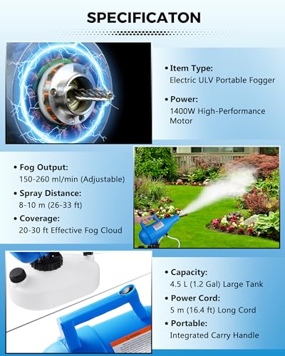 4.5L Electric Fogger Machine, 1400W Portable Sprayer with 30ft Spray Distance & Adjustable Nozzle for Applying Cleaning Solutions in Home, Hotel, School, Yard and Large Indoor Outdoor Spaces