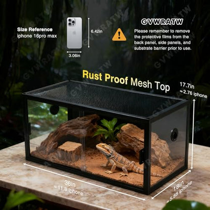 48-Gallon Acrylic Reptile Terrarium 36”x18”x18” – Durable Reptile Tank with Heat-Resistant Aluminum Frame, Smooth Dual Swinging Doors (No Sand/Debris Clogging) – Ideal for Lizards, Snakes & Geckos.