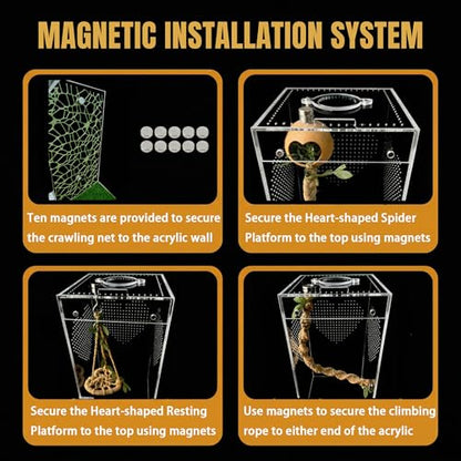 Jumping Spider Enclosure Kit, Pre-Assembled Acrylic Spider Terrarium with Magnetic Door, 19PCS Accessories, Starter Habitat for Jumping Spiders 4.8 x 4.8 x 9.25 Inches