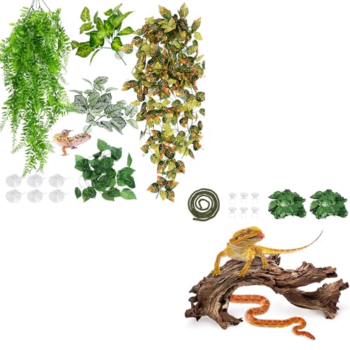 Hamiledyi 5 Pcs Reptile Plants Terrarium Hanging Fake Plant Leaves and Reptile Driftwood Branch Decor Terrarium Ornament Wood for Snake Bearded Dragon Leapord Gecko