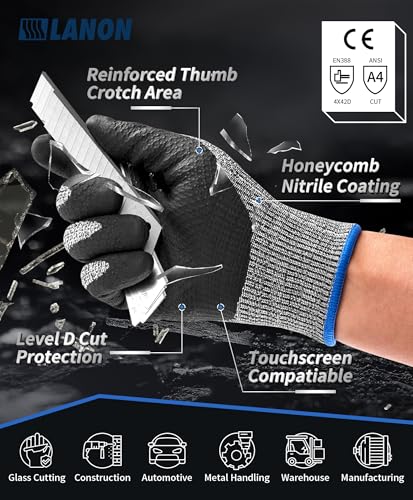 LANON Cut Resistant Gloves, Knife Protection Level D, Nitrile Coating with Honey Comb Pattern, ANSI A4 Cut Work Gloves, Reinforced Thumbs, 3D Comfort Fit, Breathable, Mechanical, Touchscreen,Medium - size: Medium