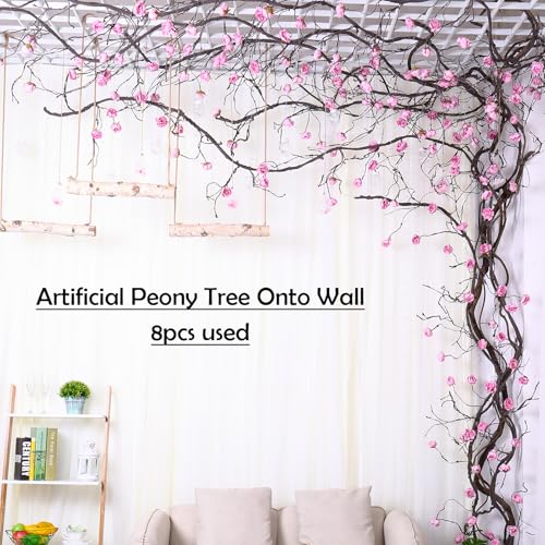 1PCS 300cm/118inch Large Flexible Artificial Tree Fall Vines Twine Wood Branches with Peony Flowers Garland Twig Reptile Climbing Fake Plants for Wedding Arch Christmas Wall Door Hanging Decoration
