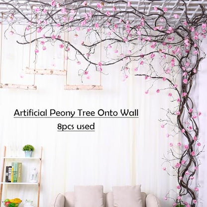 1PCS 300cm/118inch Large Flexible Artificial Tree Fall Vines Twine Wood Branches with Peony Flowers Garland Twig Reptile Climbing Fake Plants for Wedding Arch Christmas Wall Door Hanging Decoration