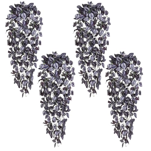 BLEUM CADE Fake Hanging Plants, 4pcs Artificial Hanging Plant, Faux Deep Purple Vines Hanging Plant for Wall Home Living Room Indoor Outdoor Halloween Decor (No Baskets) - color: Textured Leaves - Deep Purple, size: 4pcs