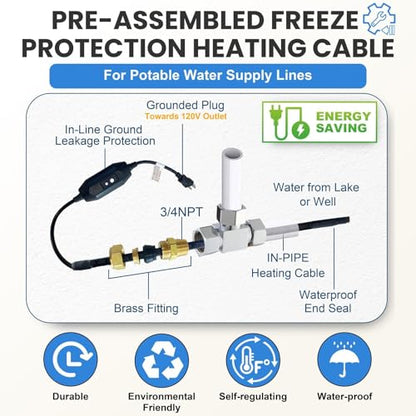 MAXKOSKO Self Regulating Heating Cable from Inside the Pipe, CSA Certified Freeze Protection for Water Supply Pipes, Suitable for Jet Pump and Submersible Pump Applications, 15Ft 120V