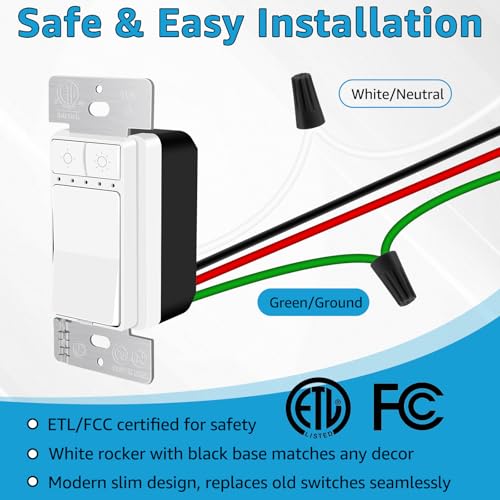 Single Pole Dimmer Light Switch, Neutral Wire Required, Work with LED/CFL (150W Max) & Halogen/Incandescent (600W Max), Rocker Dimmer Switch,5 Brightness Levels, ETL/FCC Certified, 2-Pack - color: Single-Pole Push Dimmer