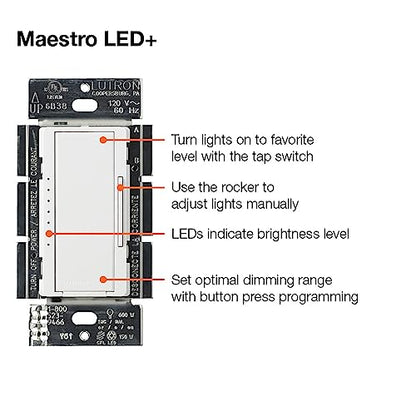 Lutron Maestro LED+ Dimmer Switch, 3-way Switch Kit for Dimmable LEDs, 150-Watt, Multi-Location, MACL-153M-RHW-WH, White - color: White, size: 1 Pack, style: 3-Way Kit