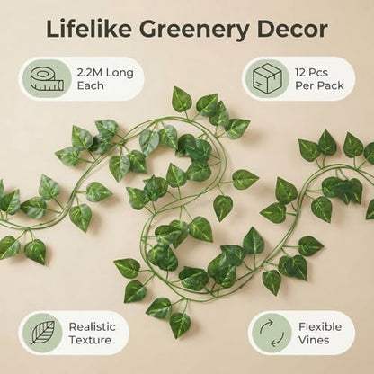 Epipremnum Aureum Leaves, Green Vines Fake Plant Vine Leaves, Hanging Fake Vine Leaves, Home Kitchen Garden Office Wedding Wall Decor (Pack of 12 86 Inch Fake Plants)