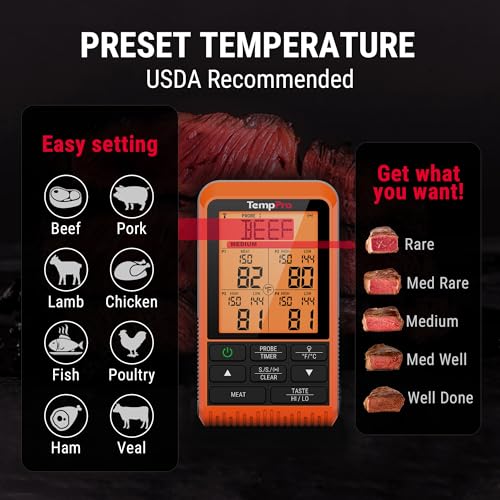 TempPro TP829 1000ft Wireless Meat Thermometer Digital for Grilling and Smoking, 4 Meat Probes Grill Thermometer for Outside Grill, Thermometer Cooking Gift for Dad Him Husband (Previously ThermoPro) - size: Four Probes