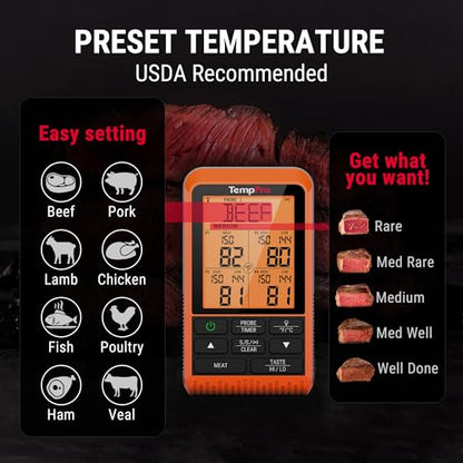 TempPro TP829 1000ft Wireless Meat Thermometer Digital for Grilling and Smoking, 4 Meat Probes Grill Thermometer for Outside Grill, Thermometer Cooking Gift for Dad Him Husband (Previously ThermoPro) - size: Four Probes