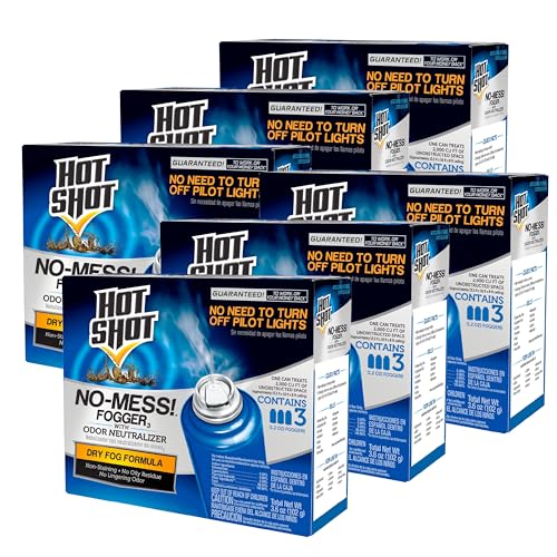 Hot Shot No-Mess! Fogger With Odor Neutralizer 3 Count-1.2 Ounce Cans, Kills Hidden Bugs, No Need To Turn Off Pilot Lights, 6 Pack - size: 6 Pack, style: Dry Fog Formula