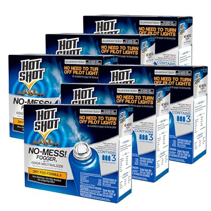 Hot Shot No-Mess! Fogger With Odor Neutralizer 3 Count-1.2 Ounce Cans, Kills Hidden Bugs, No Need To Turn Off Pilot Lights, 6 Pack - size: 6 Pack, style: Dry Fog Formula