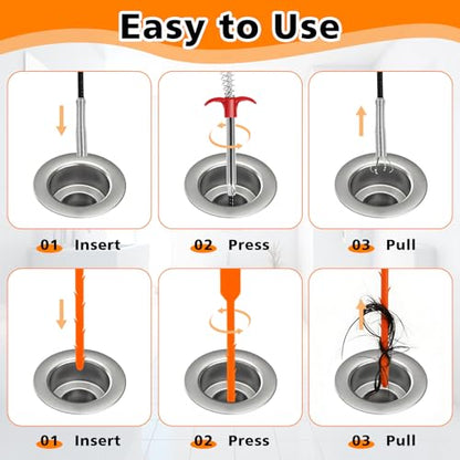 Hair Drain Clog Remover 7-Piece Set | 6x25” Plastic Sink Snake + 1x35” Stainless Steel Plumbing Snake | Drain Cleaner for Shower, Tub, Kitchen Sink & Toilet (35inch, Black+Orange) - color: Black+Orange, style: 35inch
