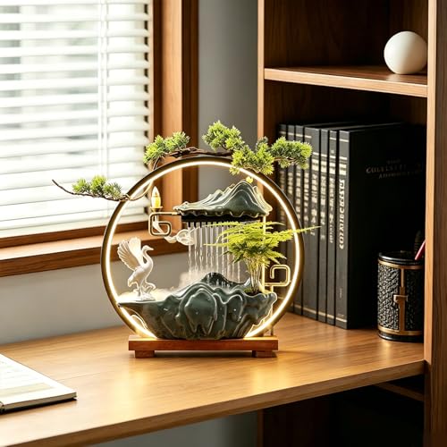 Tabletop Water Fountains Indoor Waterfall Fountain with Mist LED Light Feng Shui Wealth Desk Fountain with Backflow Incense Holder Zen Decor for Meditation (Crane) | Tabletop Water Fountains with Backflow Incense Holder, Indoor Meditation Water Feature fo