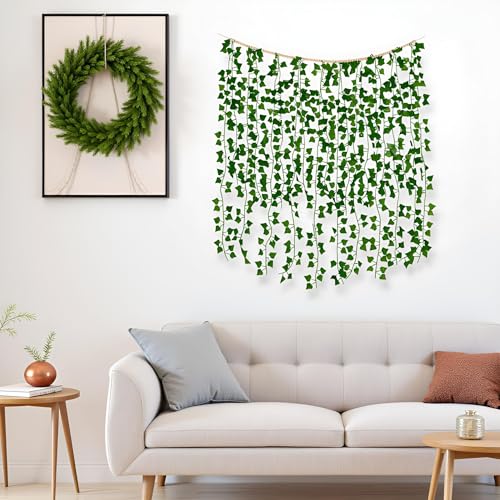 Mkono Hanging Fake Vines for Bedroom Wall Decor Artificial Plant Leaves with Wood Beads Set Indoor Greenery Ivy Garland for Living Room Apartment Christmas Wedding Party Teen Girl Room - size: Medium