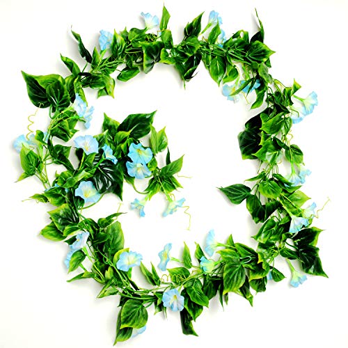 AirSun Artificial Morning Glory Flower Vines, 2pcs 15Feet Hanging Plants Silk Garland Fake Green Plant Home Garden Wall Fence Indoor Outdoor Wedding Birthday Decor - color: Skublue