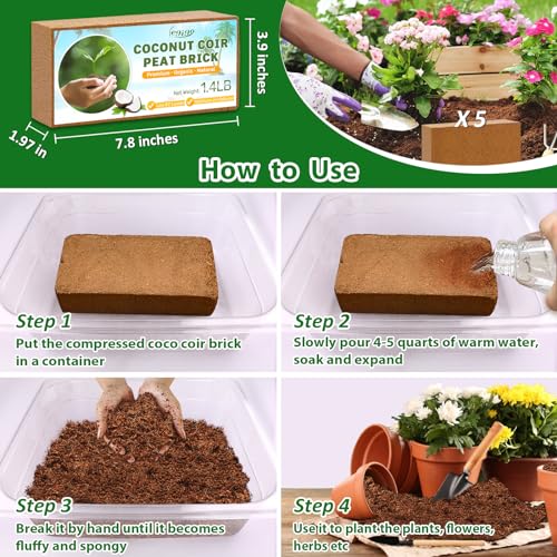 Legigo Pack of 5 Organic Coco Coir Bricks- 100% Natural Compressed Coco Peat Brick Coconut Fiber Substrate with Low EC& pH Balance, Coir Plant Soil Enhance Root Growth for Herbs, Flowers, House Plants - color: Pack of 5
