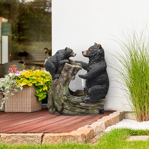 Alpine Corporation USA1132 Indoor/Outdoor Floor Bear and Cub on Log Fountain, Playful Bear and Cub Garden Fountain 26", Black - style: 26" H - Bear and Cub