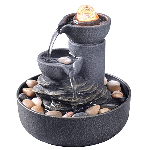 GOSSI Tabletop Water Fountain 2-Tier Indoor Waterfall Fountain with LED Light, Cobblestone & Glass Rolling Ball, Soothing Meditation Sounds for Office & Home Decor - color: Gray