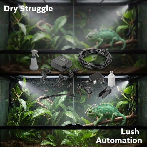 Reptile Misting System with US Plug, Programmable Automatic Mister Humidifier, 360° Adjustable Dual Nozzles, Smart Timer, Self-Priming Spray Kit for Terrariums
