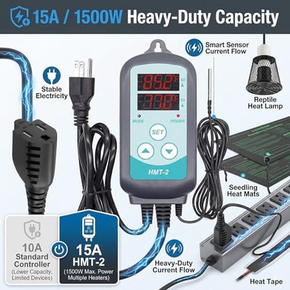 Temperature Controller Plug in Thermostat for Heat Mat & Reptile, 1500W Digital Thermostat Outlet with Probe, Heating & Cooling, Power-Off Memory, 3-Outlet for Multiple Devices