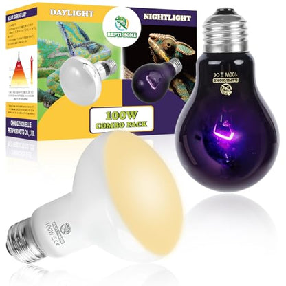 Reptile Heat Lamp 100W Combo Pack, Day and Night Basking Spot Bulb for Amphibian Includes Black Heat Lamp UVA Daylight Heating Light