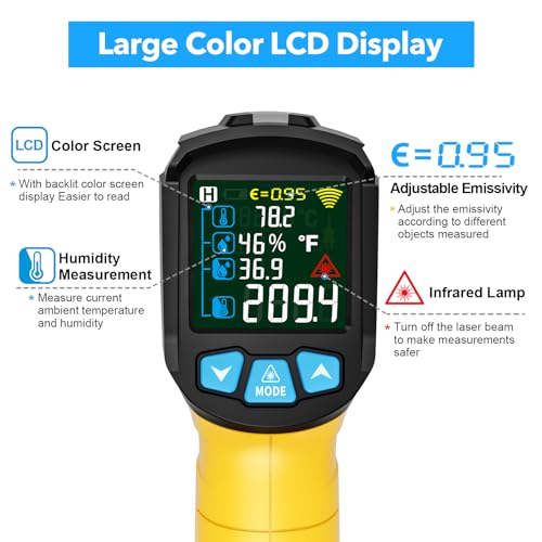 Infrared Thermometer Gun, TEMIRUP Non Contact Digital IR Laser Thermometer Temperature Gun with Probe for Cooking, Pizza Oven, Griddle, Humidity Measurement, Adjustable Emissivity -58°F to 1472°F - color: Yellow -58°F~1472°F (-50°C to~800°C)