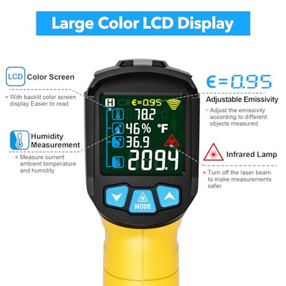 Infrared Thermometer Gun, TEMIRUP Non Contact Digital IR Laser Thermometer Temperature Gun with Probe for Cooking, Pizza Oven, Griddle, Humidity Measurement, Adjustable Emissivity -58°F to 1472°F - color: Yellow -58°F~1472°F (-50°C to~800°C)