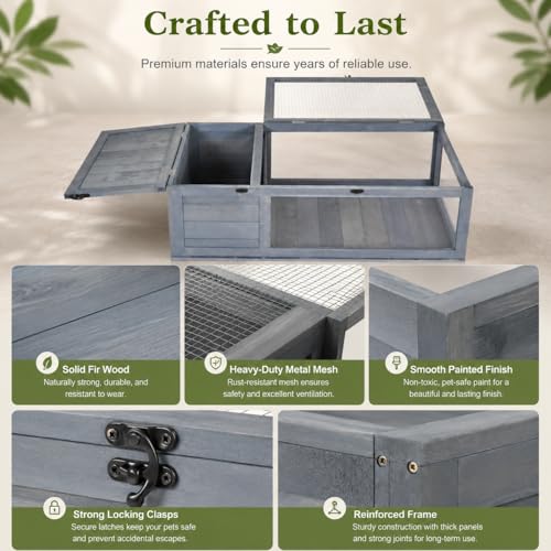 Wooden Tortoise Enclosure with Hideaway, Mesh Top and Clear Panels, Gray, 35.75" x 23.75" x 12.5", Indoor & Outdoor