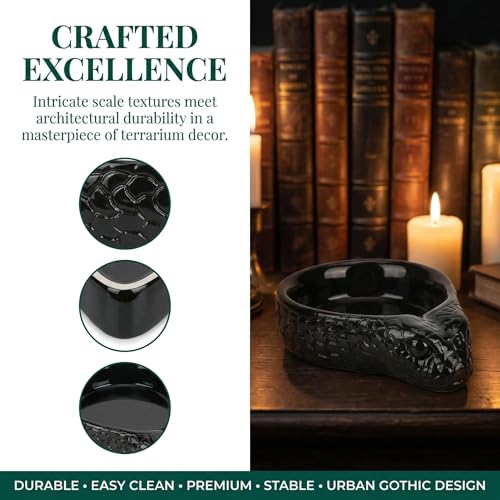 Resin Reptile Water Dish for Gecko, Snake, Tortoise & Lizards（Black） | Heavy Stable Base • Natural Rock Design • Water & Food Use • Easy to Clean - color: black