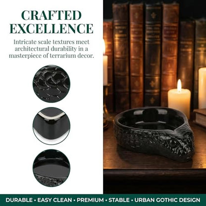 Resin Reptile Water Dish for Gecko, Snake, Tortoise & Lizards（Black） | Heavy Stable Base • Natural Rock Design • Water & Food Use • Easy to Clean - color: black
