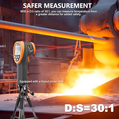 Pyrometer 30:1 Industrial, -58℉ to 2732℉ Digital High Temp Infrared Thermometer, Non Contact Laser Thermometer Gun, IR Temperature Gauge for Forge Grill (NOT for Human) - color: Black