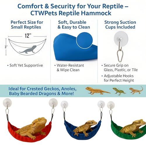 CTWPets Reptile Hammock & Lizard Hammock Hide (100% Polyester, 2 Suction Cups) 9.8" x 3.9" with 2.4" Ideal for Geckos, Lizards & Small Reptile Hide Crested Gecko Accessories (Blue Flowers, Medium) - color: Blue Flowers