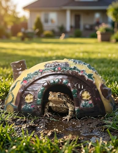 Toad Frog House Resin Reptile Hide Cave for Outside Garden Tank | Irregular camouflage mossy stone shelter, fits turtle tarantula crab leopard geckos, small reptiles humid hideout accessories