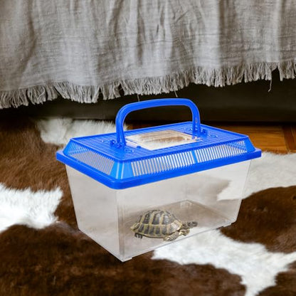 SEWACC Large Turtle Habitat Tank with Lid and Handle, Multi-Function Indoor Reptile Terrarium for Tortoise and Turtle Home Breeding, Blue Portable Pet Transport Box