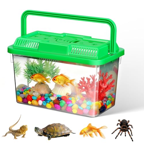 Toyvian Small Portable Fish Tank with Handle, Clear Plastic Travel Critter Carrier with Ventilated Lid for Turtles Hamsters Reptiles Small Pets