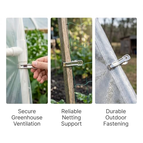 RAINFLOW 50 PCS Garden Clips - Stainless Steel Greenhouse Clamps,Grip Strong Heavy Duty Metal Greenhouse Supplies,Garden Clips for Netting, Hoops,Shade Cloth,Plant Cover