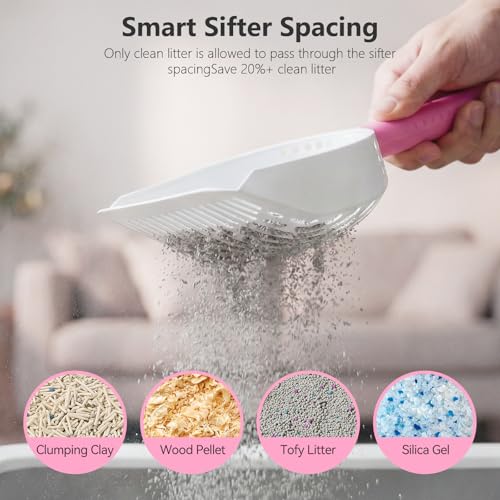 Cat Litter Scoop with Holder, 3 in 1 Metal Kitty Scooper, Heavy Duty Deep Litter Sifter with Dustpan & Mini Broom, Dual Coarse & Fine Grid, Quick Sift, Universal for All Cat Litter - color: Pink, size: Large
