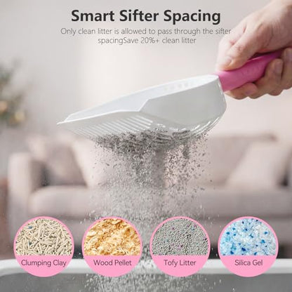 Cat Litter Scoop with Holder, 3 in 1 Metal Kitty Scooper, Heavy Duty Deep Litter Sifter with Dustpan & Mini Broom, Dual Coarse & Fine Grid, Quick Sift, Universal for All Cat Litter - color: Pink, size: Large