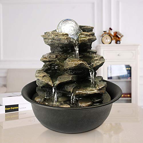 8.3” High Tabletop Water Fountain with Rotating Crystal Ball and LED Light, Indoor Zen Waterfall Decor for Home Office Bedroom Meditation Relaxation - color: Dark Grey, size: 8.3" high
