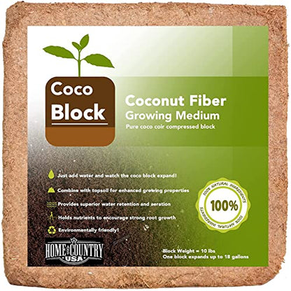 Home and Country Coconut Fiber Compressed Coco Coir Brick. Coco Coir is Great to use as a Compost Starter for Your Home Garden. Coco Coir Bricks Provide Organic Alternative to Peat Moss for Plants.10 - size: 10 Pound
