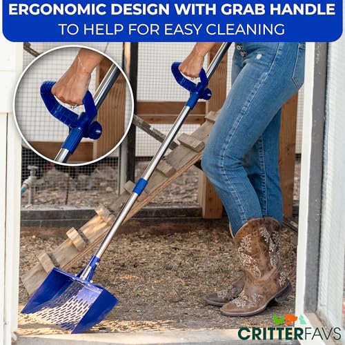 Chicken Poop Scooper with Adjustable Handle – Heavy Duty Metal Chicken Coop Cleaner, Wide Sifting Scoop with Built-in Rake & Hook for Sand, Bedding & Manure